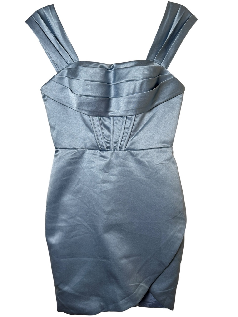 Pomuyoo size 2 Satin Pleated Strap Mini Dress in Powder Blue, Prom, Gala